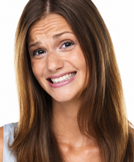 Woman feeling self-conscious about smiling in photos